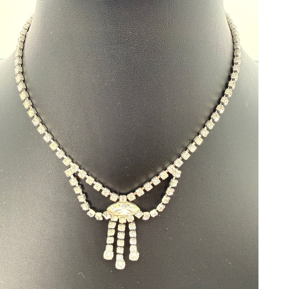 Vintage Stunning Rhinestone Fringe Choker Necklace Marquise Sparkly Crystal Bib